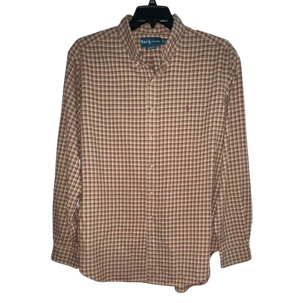 Ralph Lauren Button Down Shirt Mens XXL Tan Brown Plaid Classic Fit Cotton
